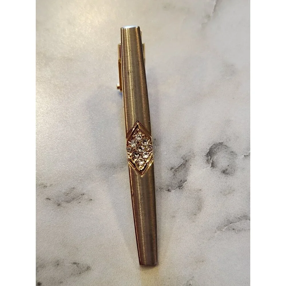 Vintage Gold Tone Tie Clip With Rhinestone Accent
